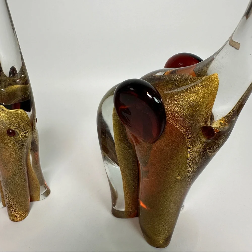 SIGNED Pair‎ of Vittorino Zane Murano Glass Elephants Gold Flecks Mama & Baby